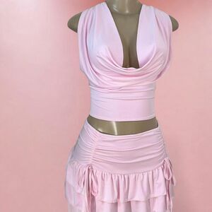 Pink Cowl Neck Ruffle Skirt Set | Coquette Two Piece Size S